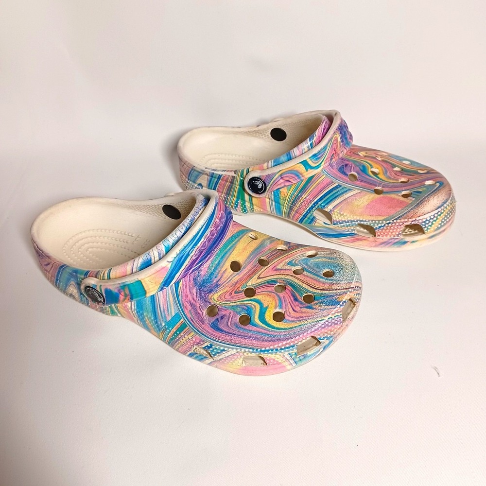Crocs Women's Marbled Multicolor/White Clog Sandals Slip-On Heel Strap US 7